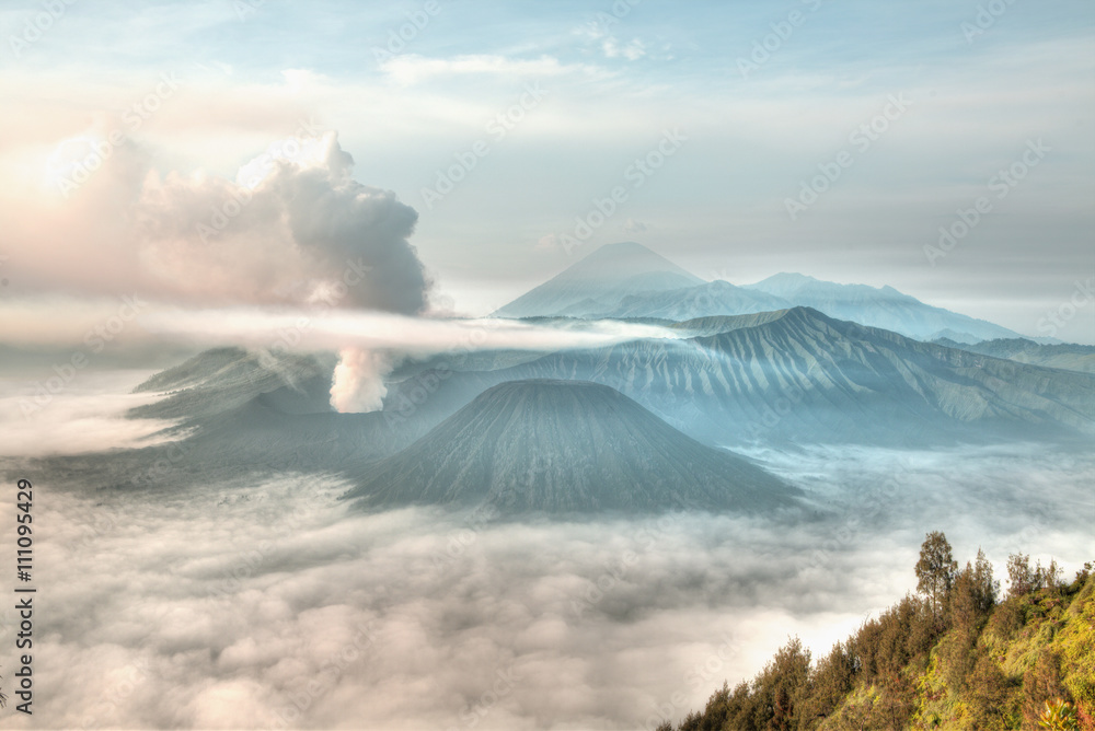 Mount Bromo volcano during sunrise, the magnificent view of Mt.