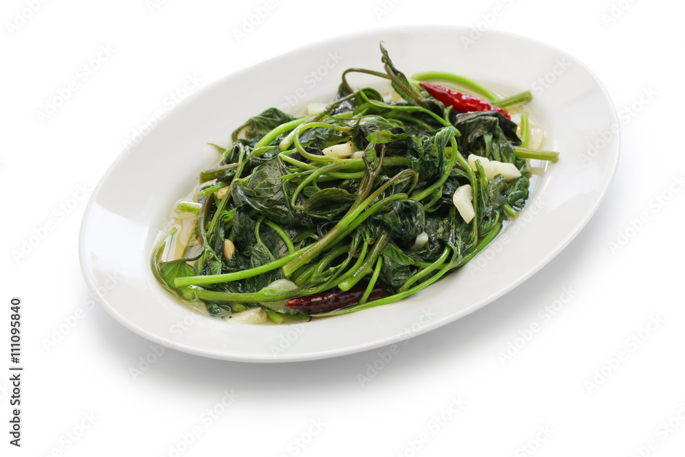 stir fried sweet potato leaves with garlic, chinese taiwanese cuisine