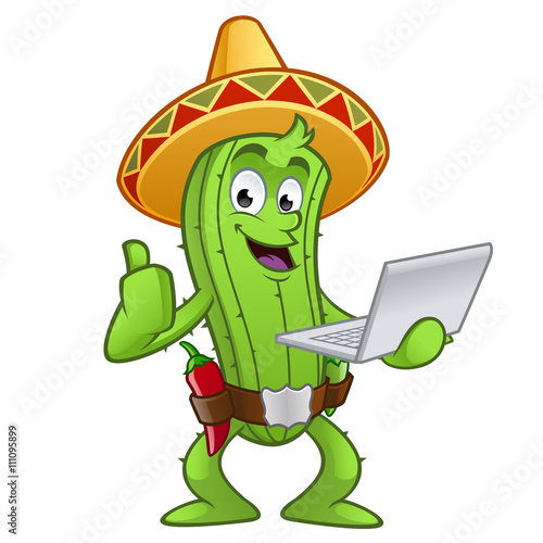 Cactus con un ordenador portátil en la mano