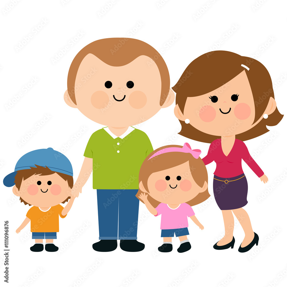 Happy family. Two parents, mom, dad and their children, a girl and a boy. Vector illustration