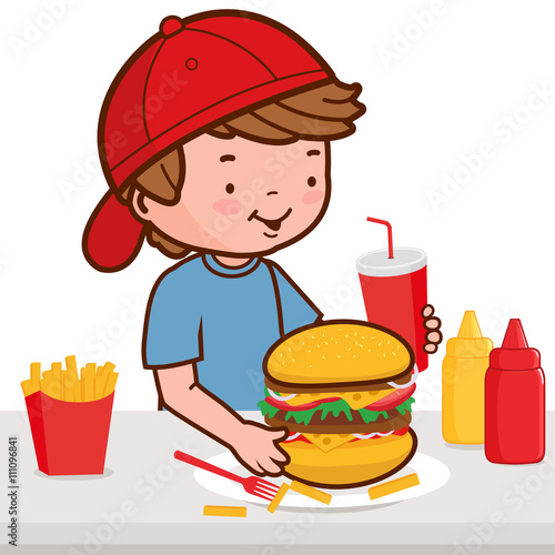Child eating his fast food meal, a hamburger, fries, and drinking soda. Vector illustration