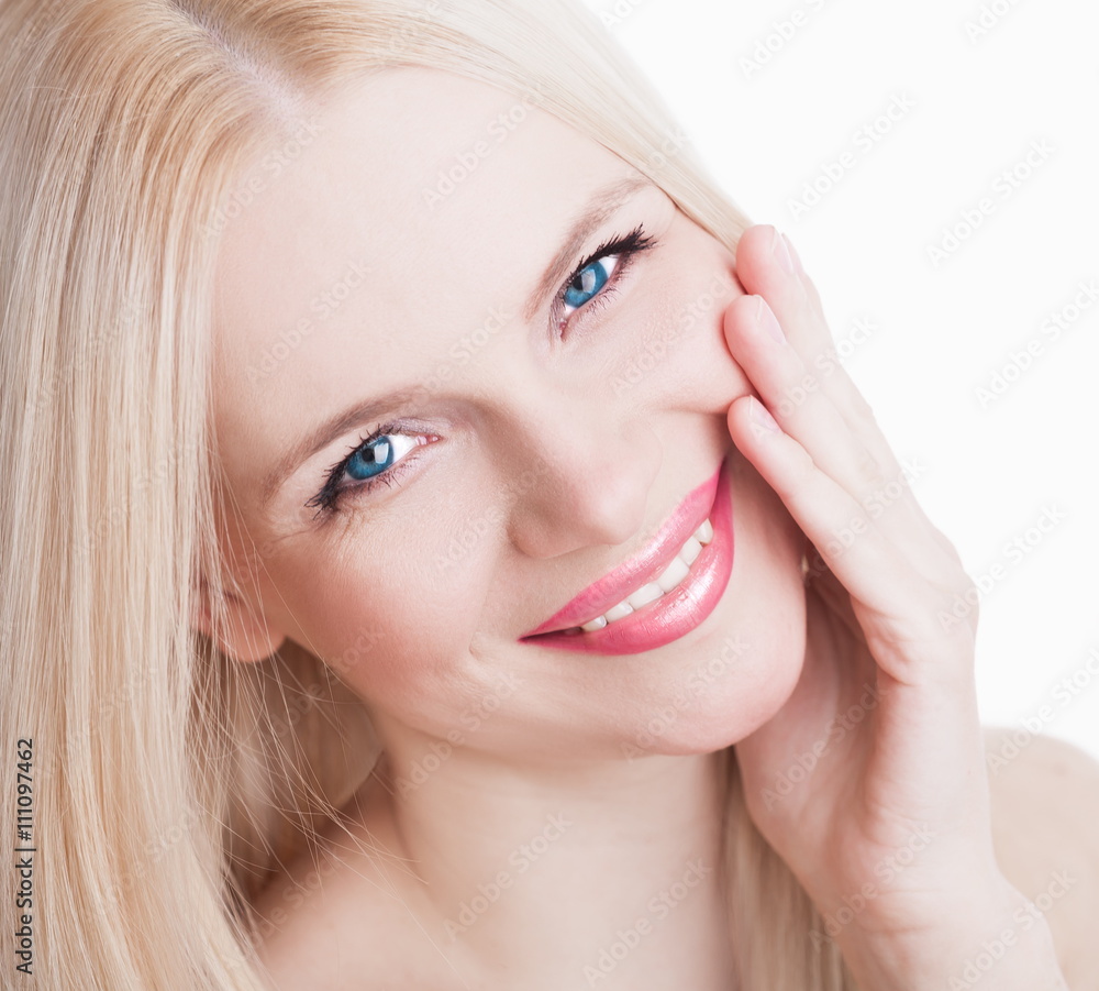 Studio, face, blue eyes, smile, hand, white background Studio, face, blue eyes, smile, hand, white background