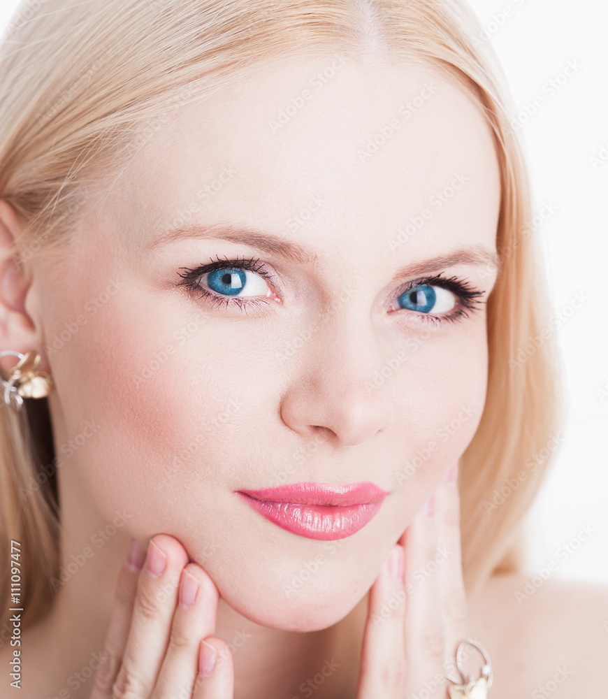 Studio, face, blue eyes, smile, hand, white background Studio, face, blue eyes, smile, hand, white background