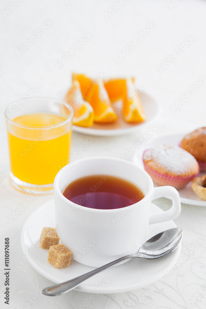 Morning coffee and fresh pastries with orange juice Morning coffee and fresh pastries with orange juice
