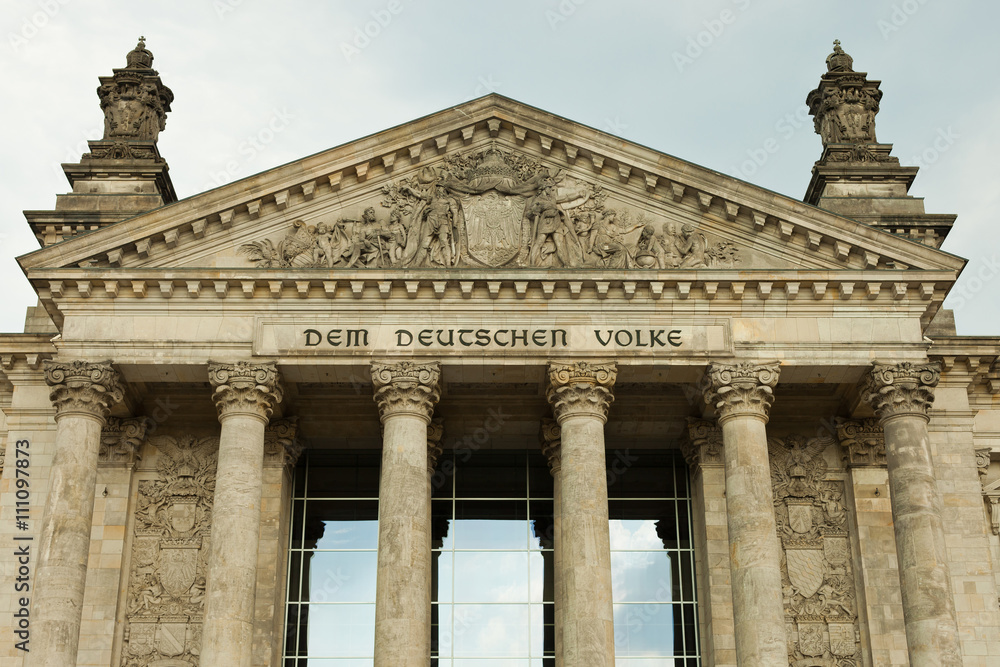 main entrance of the german parliament Bundestag with the dedication writing Dem deutschen Volke