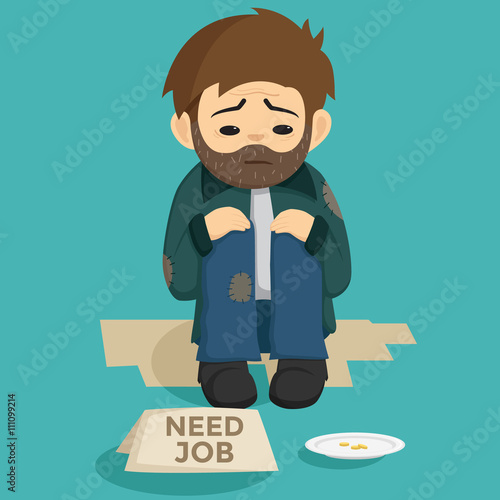 Unemployed Man Sit On The Side Of Street With Need Job Text On The Paper