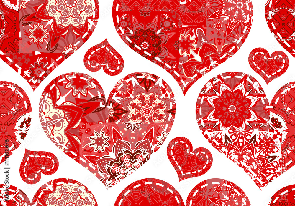 Seamless Valentine's Day pattern with pastel white red patchwork hearts on white background - obrazy, fototapety, plakaty 