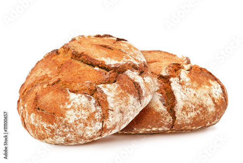 Two freshly baked loaves of traditional round rye bread isolated on white background. Design element for bakery product label, catalog print, web use.