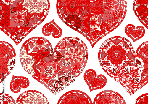 Seamless Valentine's Day pattern with pastel white red patchwork hearts on white background