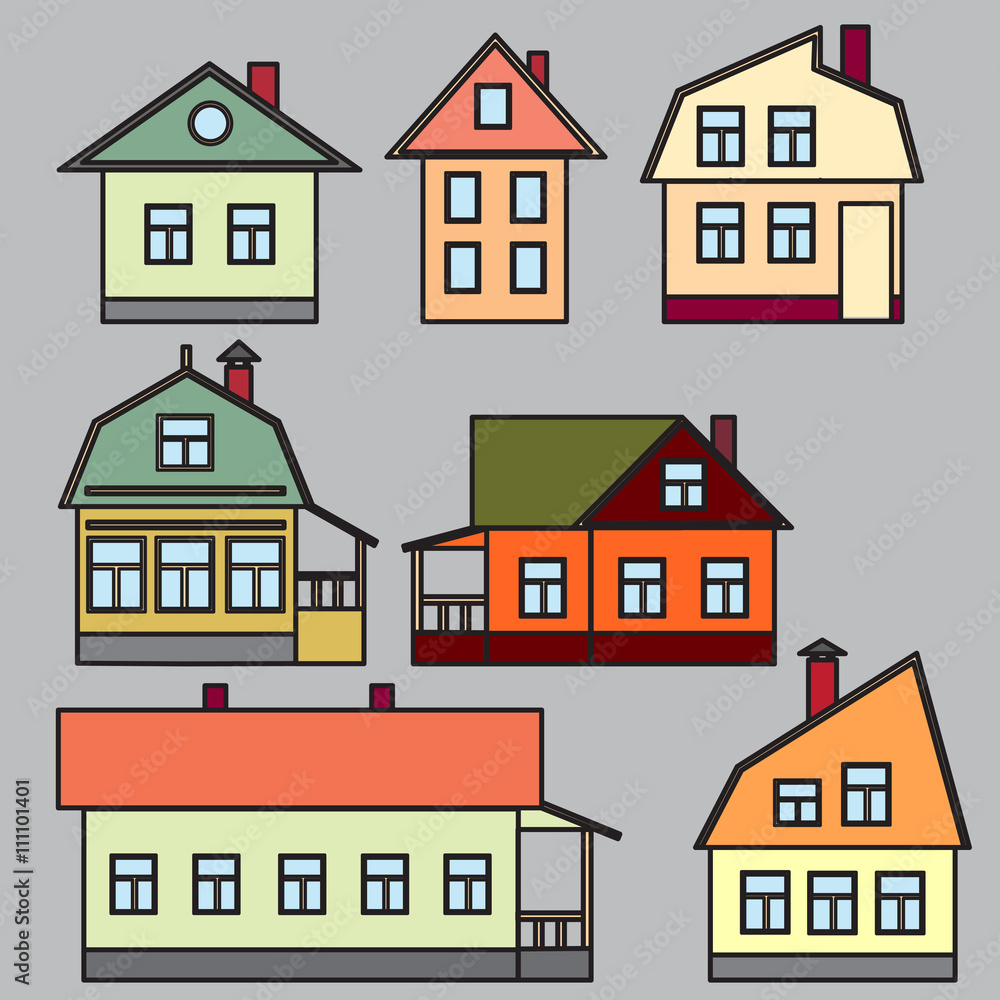 Drawings of individual buildings. Large and small. Vector illustration.