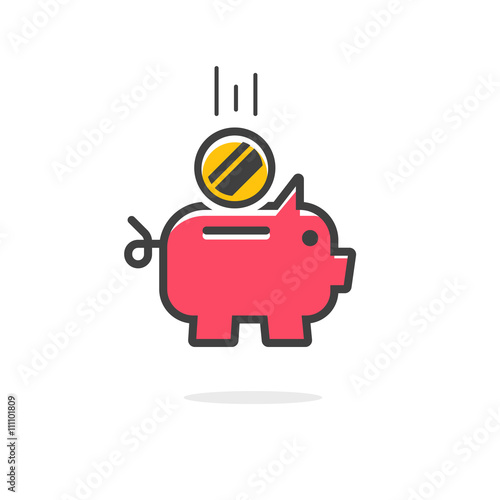 Piggy bank coin vector icon, red piggybank symbol with abstract falling flying coin, thin line outline style modern emblem design, piggy bank flat icon illustration isolated on white background