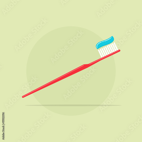 Toothbrush with toothpaste vector illustration, red tooth brush and blue tooth paste simple flat modern design isolated