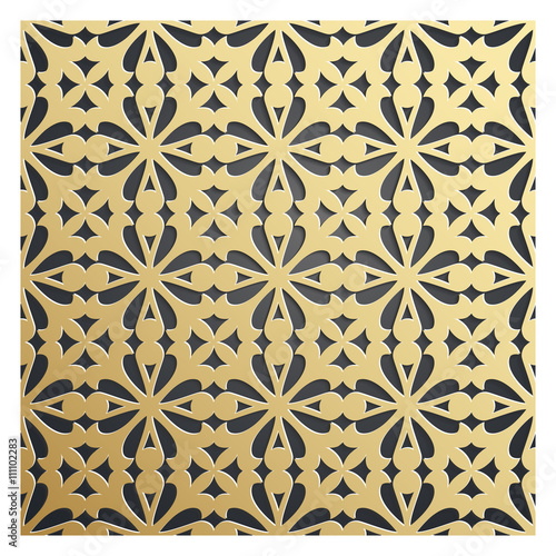 Golden on dark backdrop seamless geometric pattern. Tiled background with Oriental motif 3D. Endless texture can be used for wallpaper, pattern fills, background of web page, surface textures