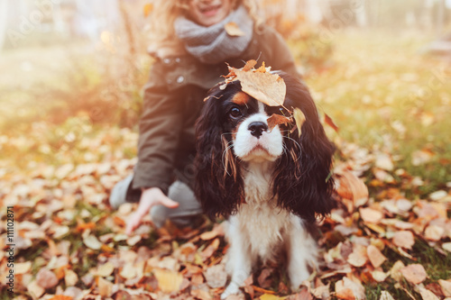 Canvas Print happy child playing with her spaniel dog in autumn