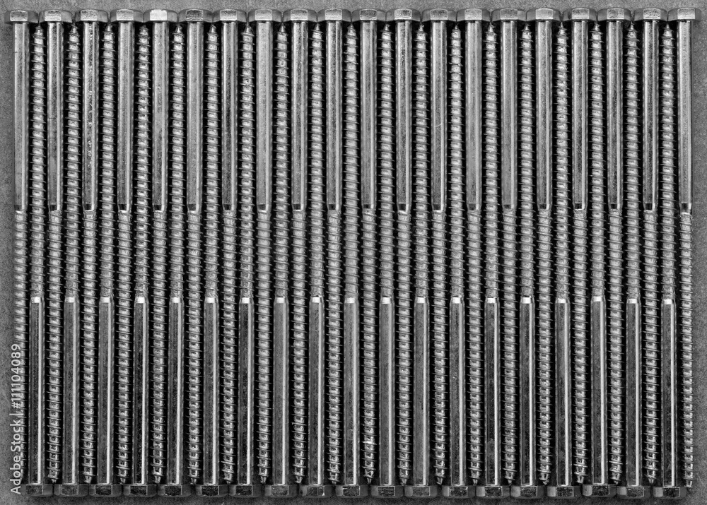 set of new metal screws on the grey background. black and white photo. Flat lay, top view set of new metal screws on the grey background. black and white photo. Flat lay, top view