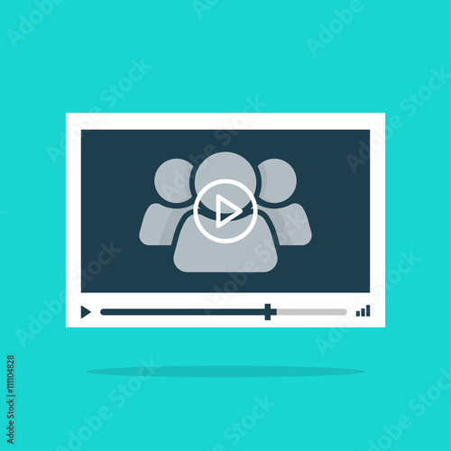 Video player interface abstract 3 persons and play button vector illustration, concept of film, cinema, business conference, e-learning, education media player, simple flat design isolated on white