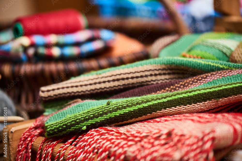 Colorful textiles, handmade close up