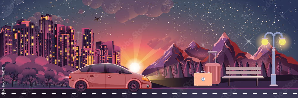 illustration of night landscape, mountains, sunset, travel, nature, car, city nightlife, bench, luggage, sports equipment for outdoor activities in flat style