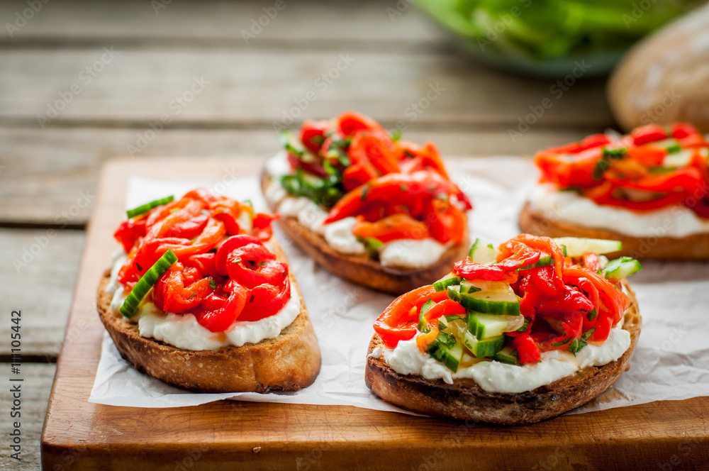 Rasted Pepper, Cucumber and Feta Bruschetta