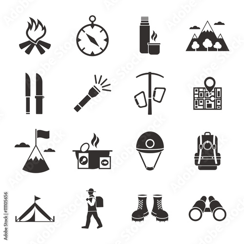 Mountain Climbing Black White Icons Set