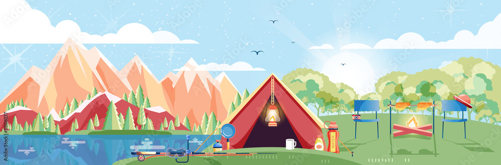 illustration of day landscape, mountains, dawn, travel, hiking, nature, tent, campfire, camping in flat style