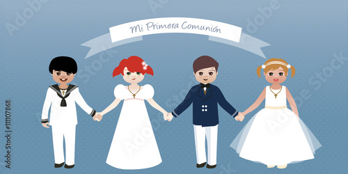 My First Communion (Spanish language). Boys&Girls holding hands