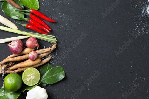 Herb ingredient of Tom Yum spicy soup Traditional Thai food cuisine black background