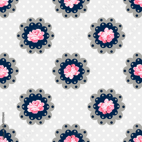 Vintage floral grandmillenial damask pattern with pink roses. Decorative ornate lace circles in polka dot grey background. Shabby chic style