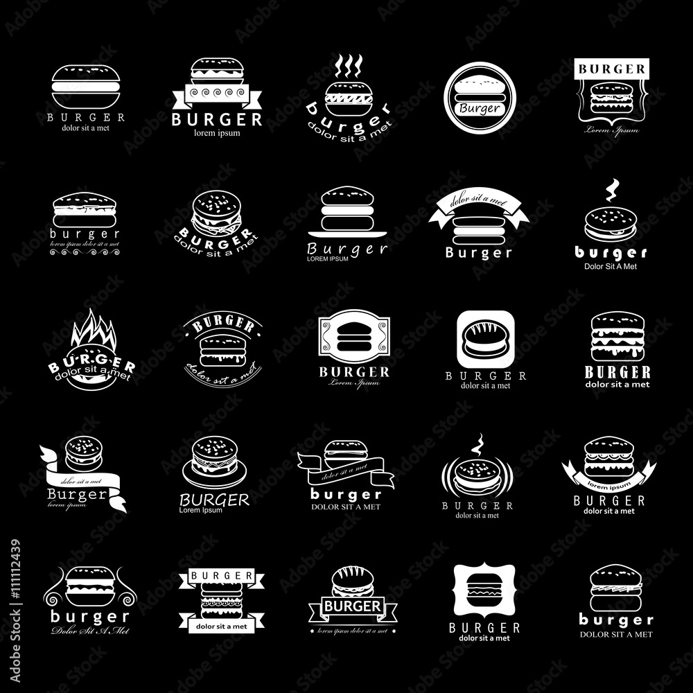 Burger Icons Set - Isolated On Black Background - Vector Illustration, Graphic Design. Food Concept