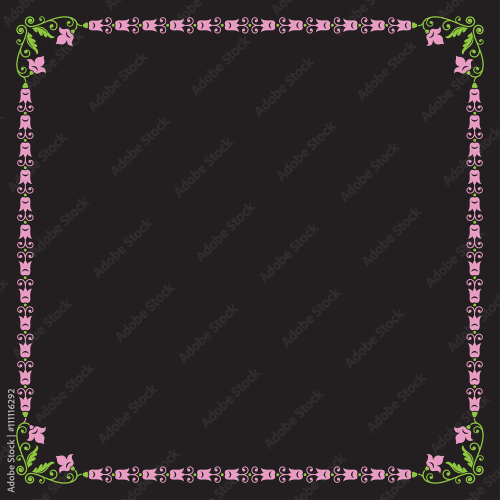 Decorative green and pink square floral frame on black backdrop.