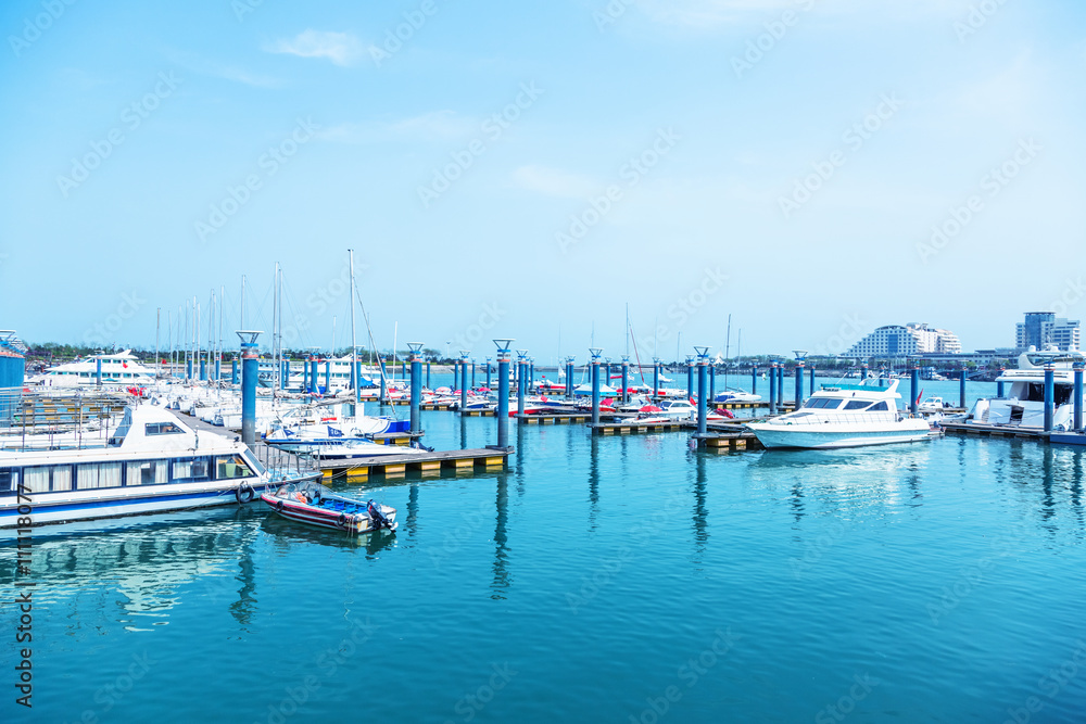 many yachts docked at the pier,qingdao china.