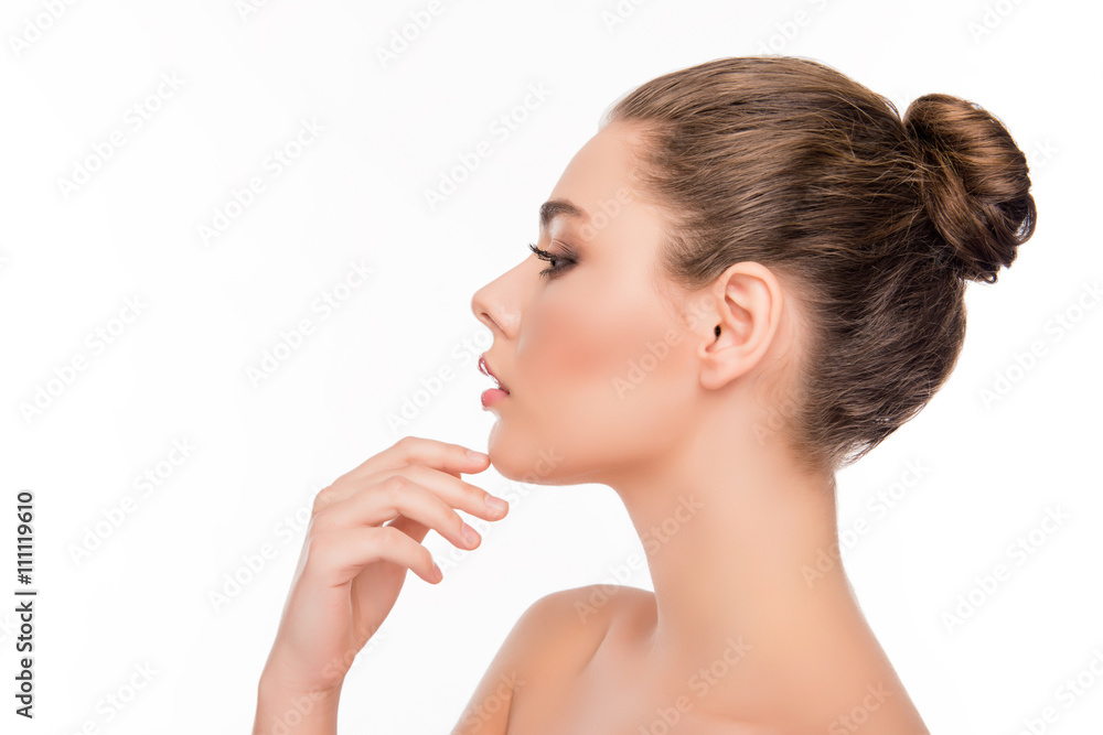 Side view of pretty woman touching chin on white background Side view of pretty woman touching chin on white background