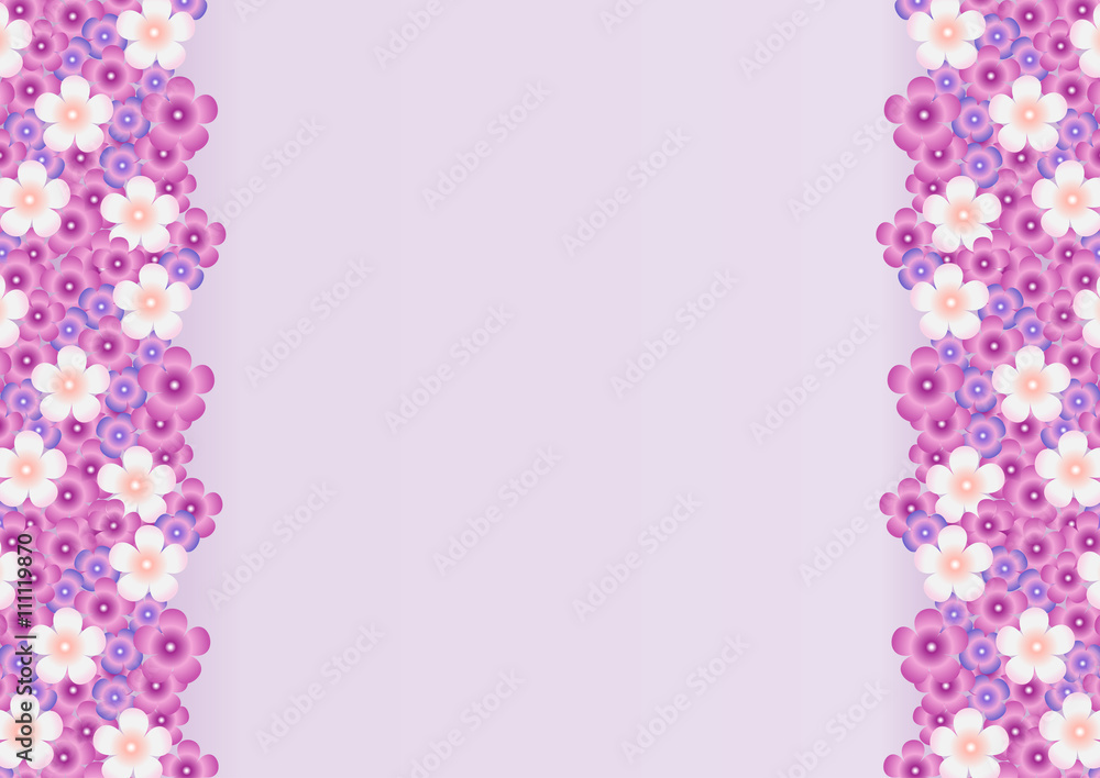 Vector bright background with a pattern of lilac, purple, white flowers of lilac on the sides 