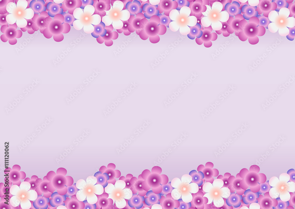 Vector bright background with a pattern of lilac, purple, white flowers of lilac horizontally at the top and bottom.