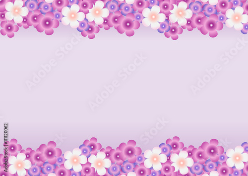 Vector bright background with a pattern of lilac, purple, white flowers of lilac horizontally at the top and bottom.