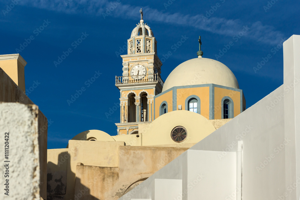 bell tower of orthodox church in town of Firostefani, Santorini island, Thira, Cyclades, Greece
