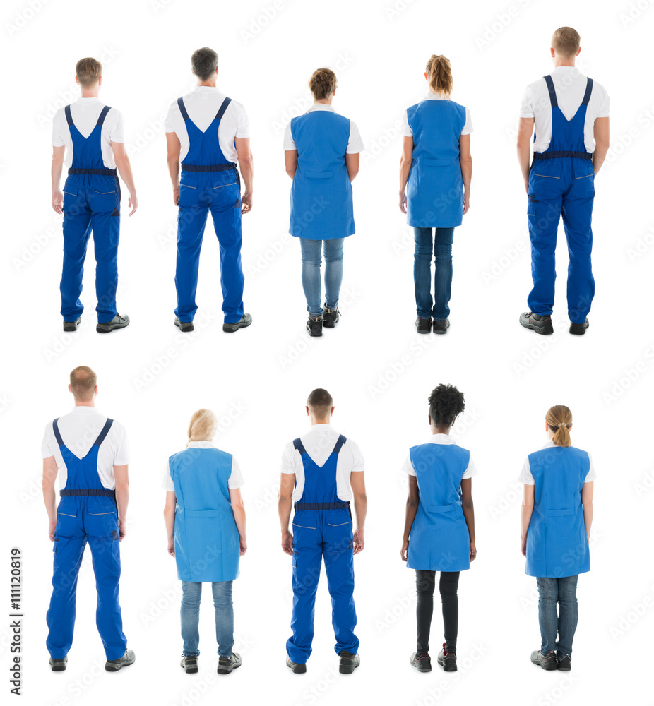 Obraz premium Rear View Of Janitors Standing In Row