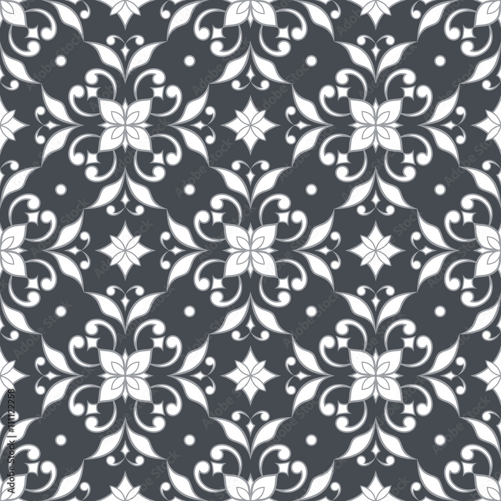 Decorative seamless ornate texture on gray background. Decorative seamless ornate texture on gray background.