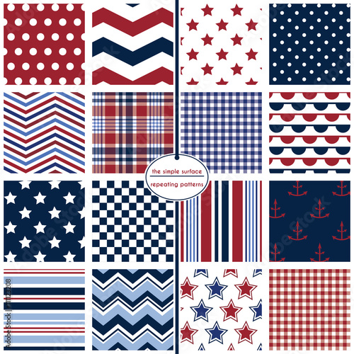 Red, white and blue seamless pattern set. Repeating patterns for fabric, gift wrap, scrapbooking, backgrounds and more. Anchors, stars, stripes, and polka dot patterns.  Nautical prints.