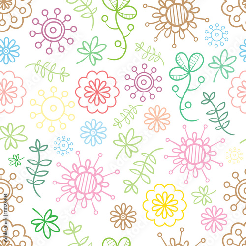 Seamless summer  floral  pattern on dark background. Vector contour image. Doodle style. Meadow with colorful flowers.