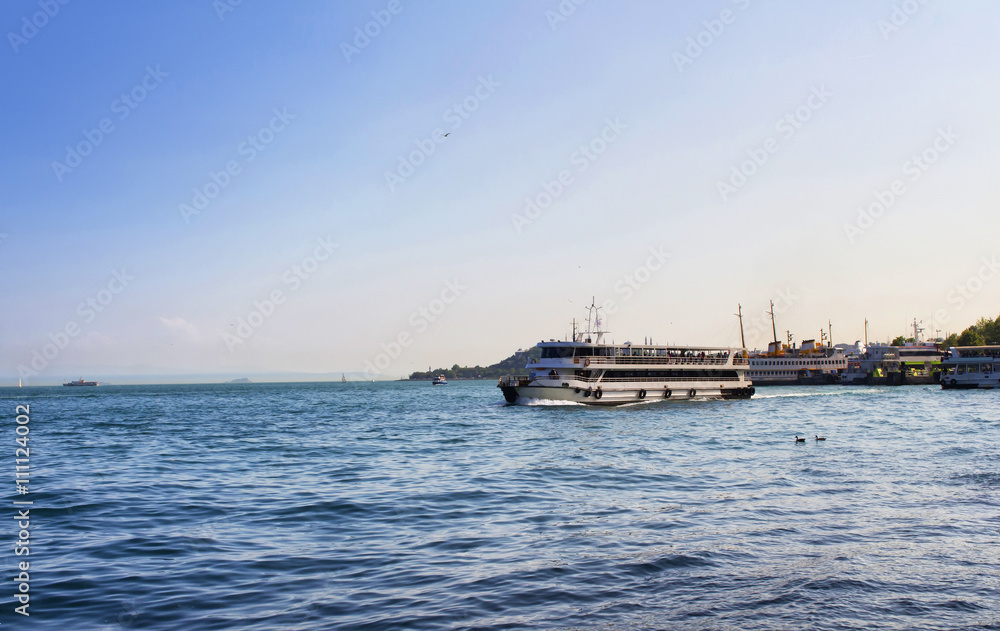 View of public ferries and boats at Kabatas pier from Dolmabahce in Istanbul