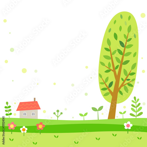 Spring and summer scenery with tree and house