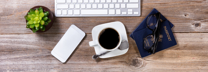Planning future travel with coffee and other office equipment 