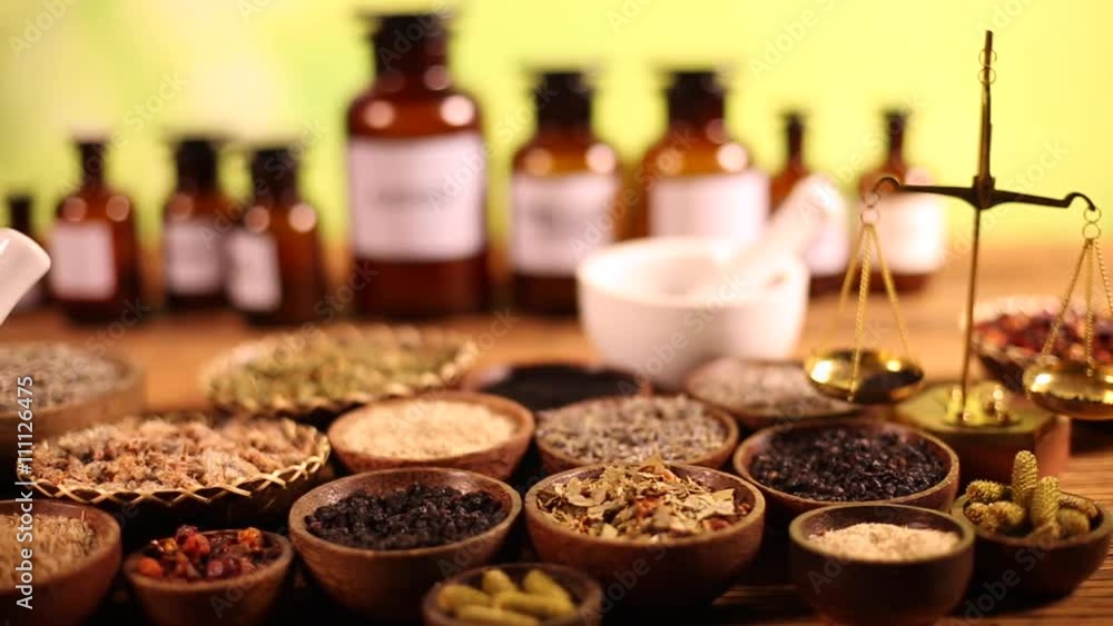 Fresh medicinal, healing herbs on wooden Fresh medicinal, healing herbs on wooden