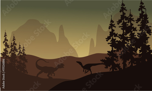 Silhouette of allosaurus and Eoraptor