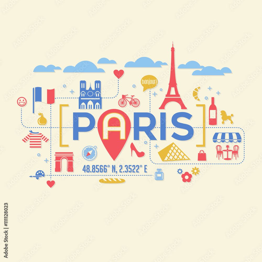 Paris France icons and typography design for cards, banners, t-shirts, posters - obrazy, fototapety, plakaty 
