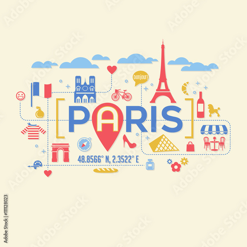 Paris France icons and typography design for cards, banners, t-shirts, posters
