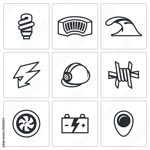 Vector Set of Hydroelectric Station Icons. Lamp, Dam, River, Electricity, Helmet, Barbed Wire, Turbine, Battery, Pointer.