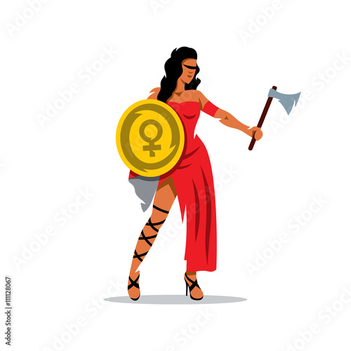Vector Woman Warrior Cartoon Illustration. Abstract Protection of women sign.
