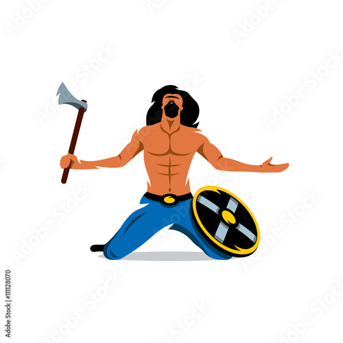 Viking warrior with ax and shield. Vector Cartoon Illustration. 